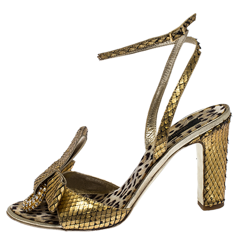 Pre-owned Roberto Cavalli Metallic Gold Python Leather Embellished Ankle Strap Sandals Size 38