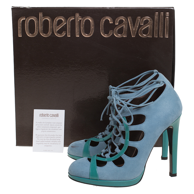 Pre-owned Roberto Cavalli Blue Nubuck And Patent Lace Up Platform Pumps Size 39