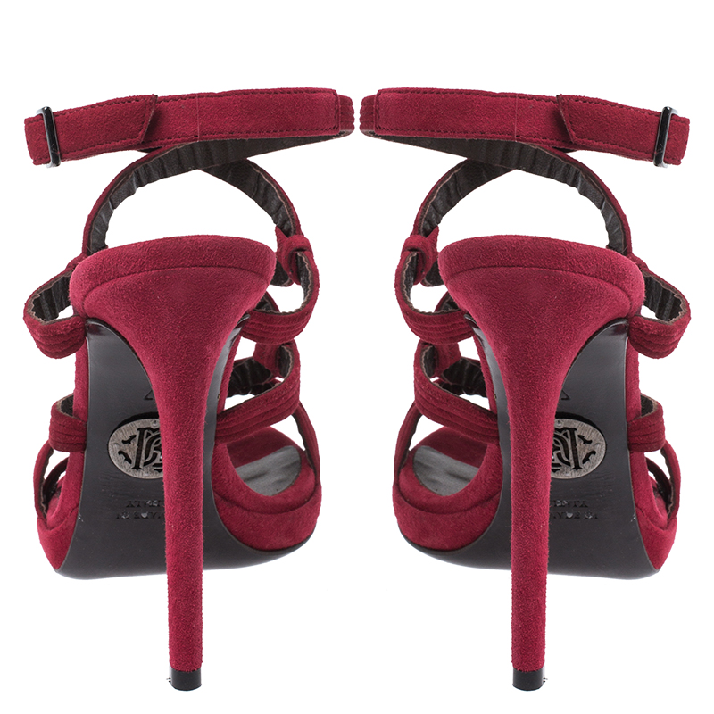 Pre-owned Roberto Cavalli Red Suede Leather Strappy Sandals Size 37