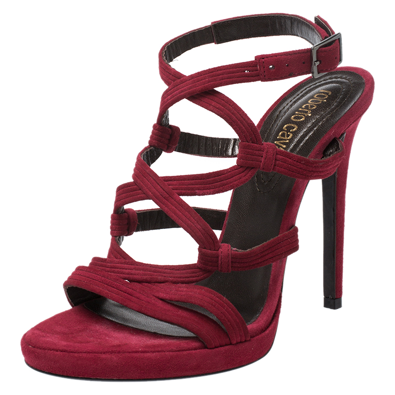Pre-owned Roberto Cavalli Red Suede Leather Strappy Sandals Size 37