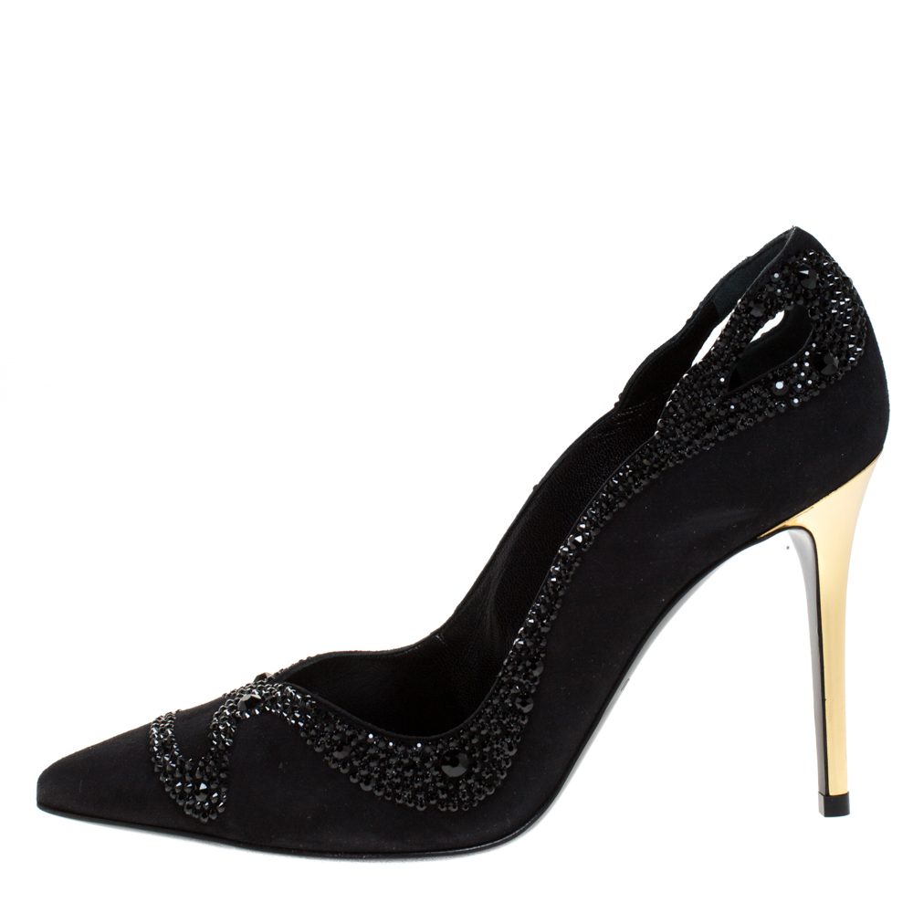 

Roberto Cavalli Black Crystal Embellished Suede Pointed Toe Pumps Size