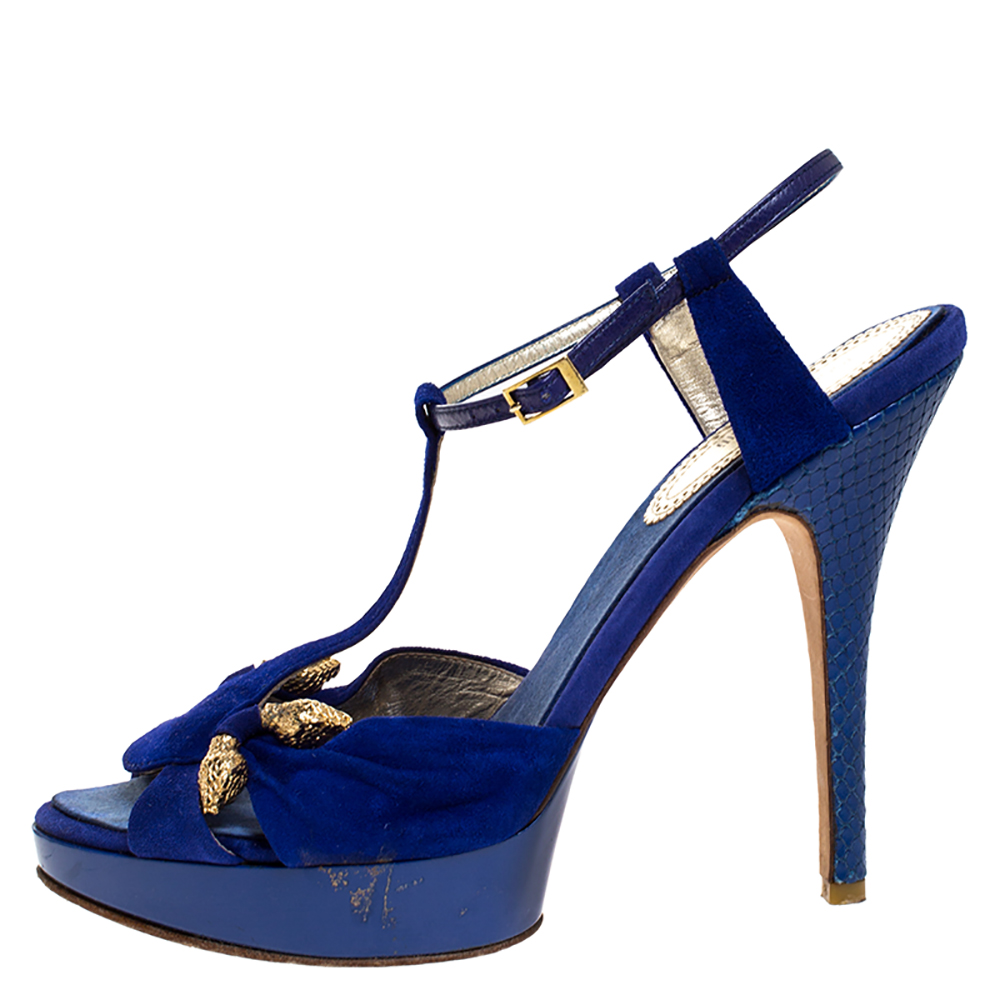 

Roberto Cavalli Blue Suede Leather Platform Ankle Strap Sandals Size