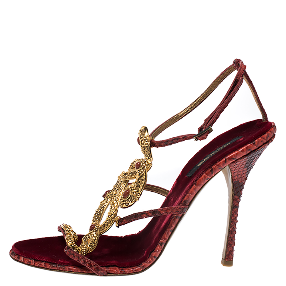 

Roberto Cavalli Red Python and Velvet Snake Embellished Ankle Strap Sandals Size