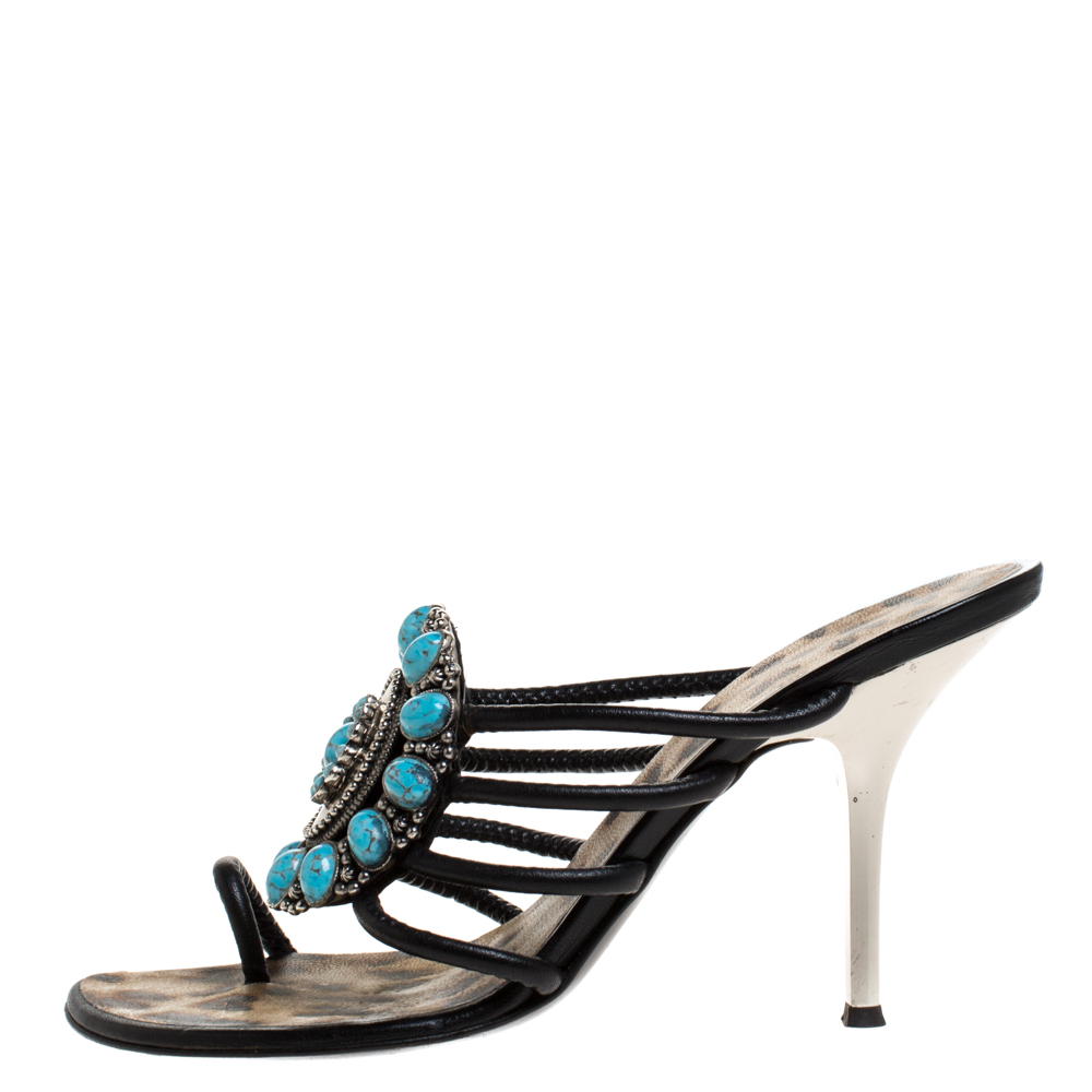 

Roberto Cavalli Black Leather Turquoise Stone Embellished Slide Toe Ring Sandals Size