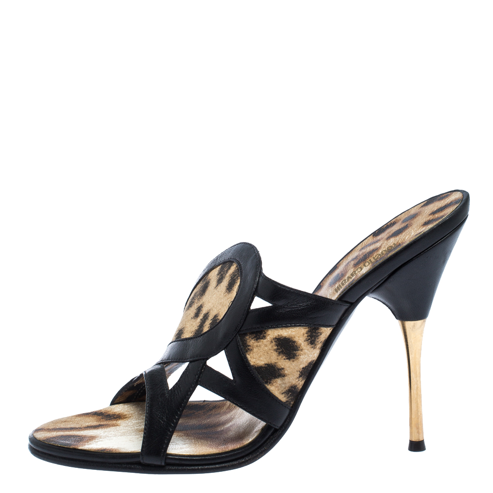 

Roberto Cavalli Black/Brown Leather And Leopard Print Fabric Cut Out Sandals Size