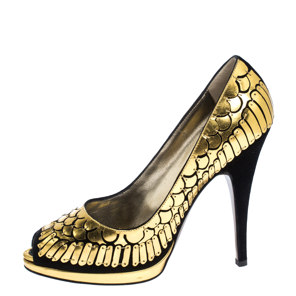 

Roberto Cavalli Gold/Black Suede Leather Fish Scale Peep Toe Platform Pumps Size