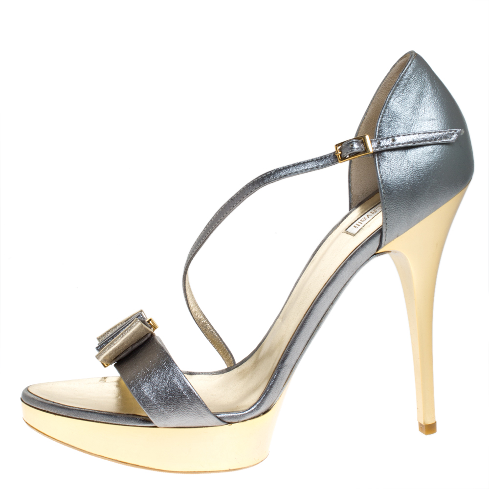 

Roberto Cavalli Metallic Grey Leather Ankle Strap Platform Sandals Size