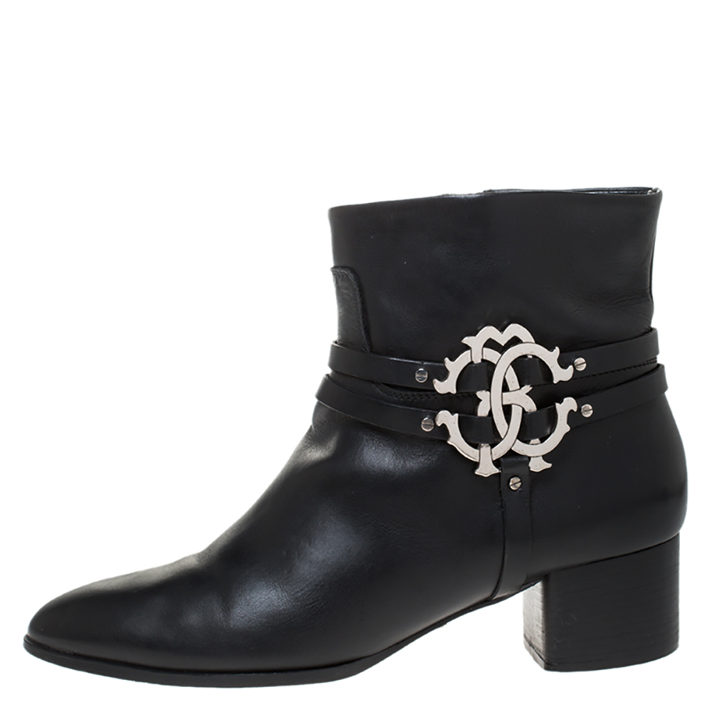 

Roberto Cavalli Black Leather Logo Ankle Boots Size