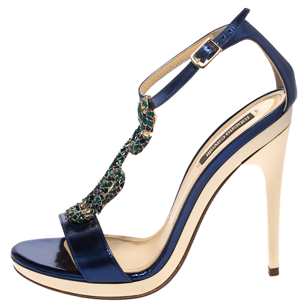 

Roberto Cavalli Metallic Blue/Gold Leather Snake Embellished Ankle Strap Sandals Size