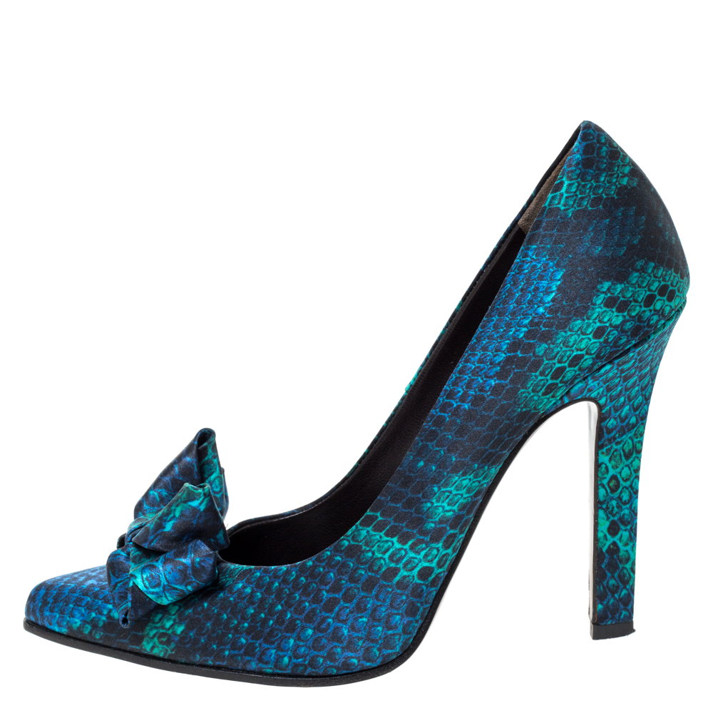 

Roberto Cavalli Multicolor Python Print Satin Bow Pumps Size
