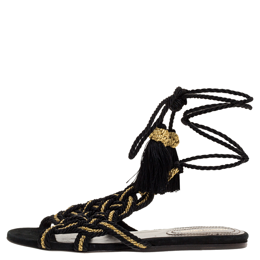 

Roberto Cavalli Black/Gold Woven Twisted Thread Gladiator Ankle Wrap Flat Sandals Size