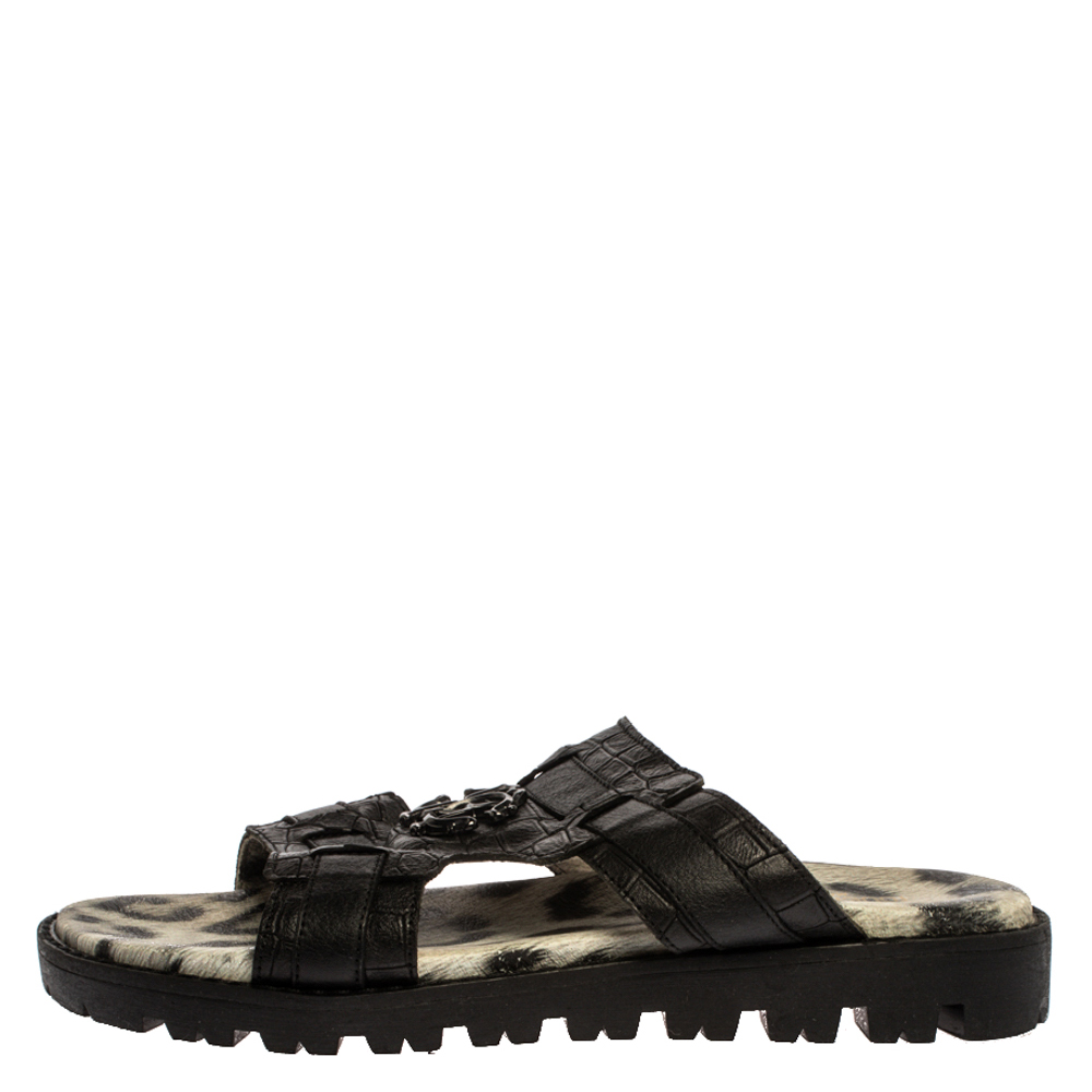 

Roberto Cavalli Black Croc Embossed Leather Logo Flat Slide Sandals Size