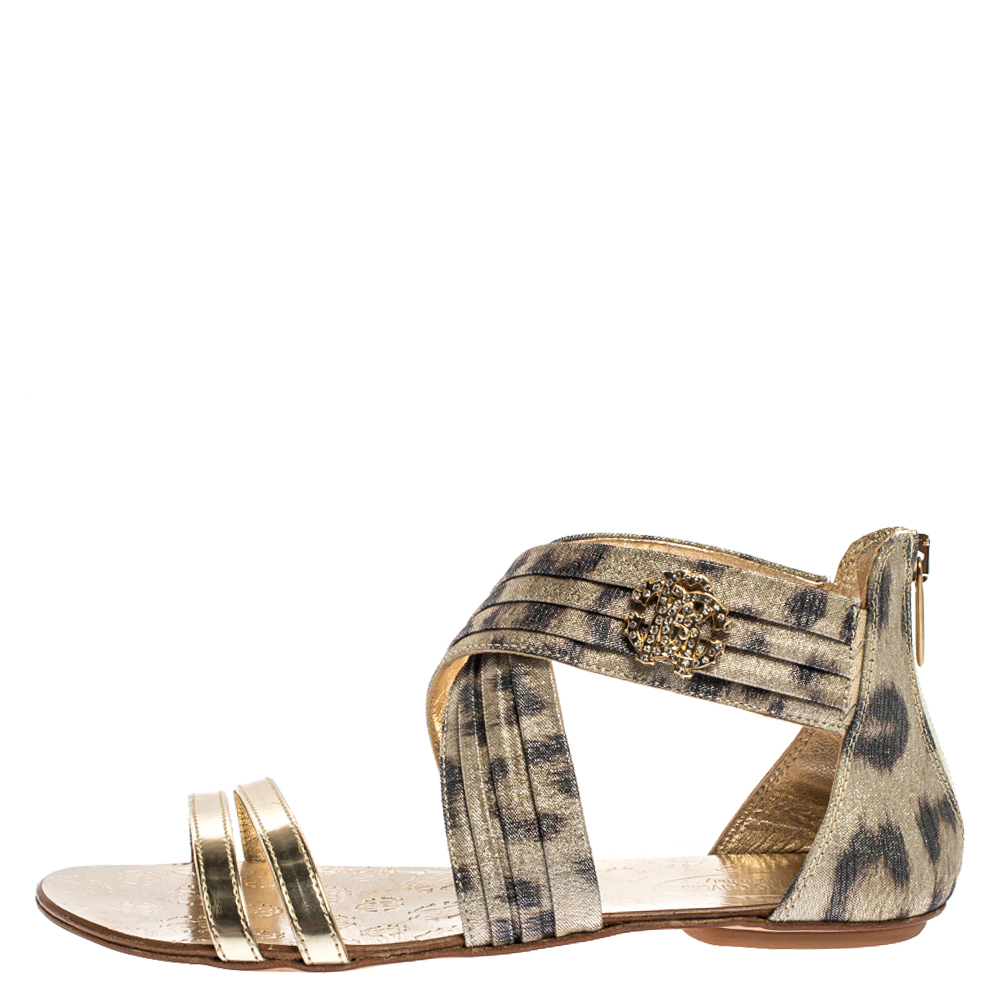 

Roberto Cavalli Gold Leopard Print Criss Cross Shimmer Fabric and Leather Crystal Embellished Logo Flat Sandals Size