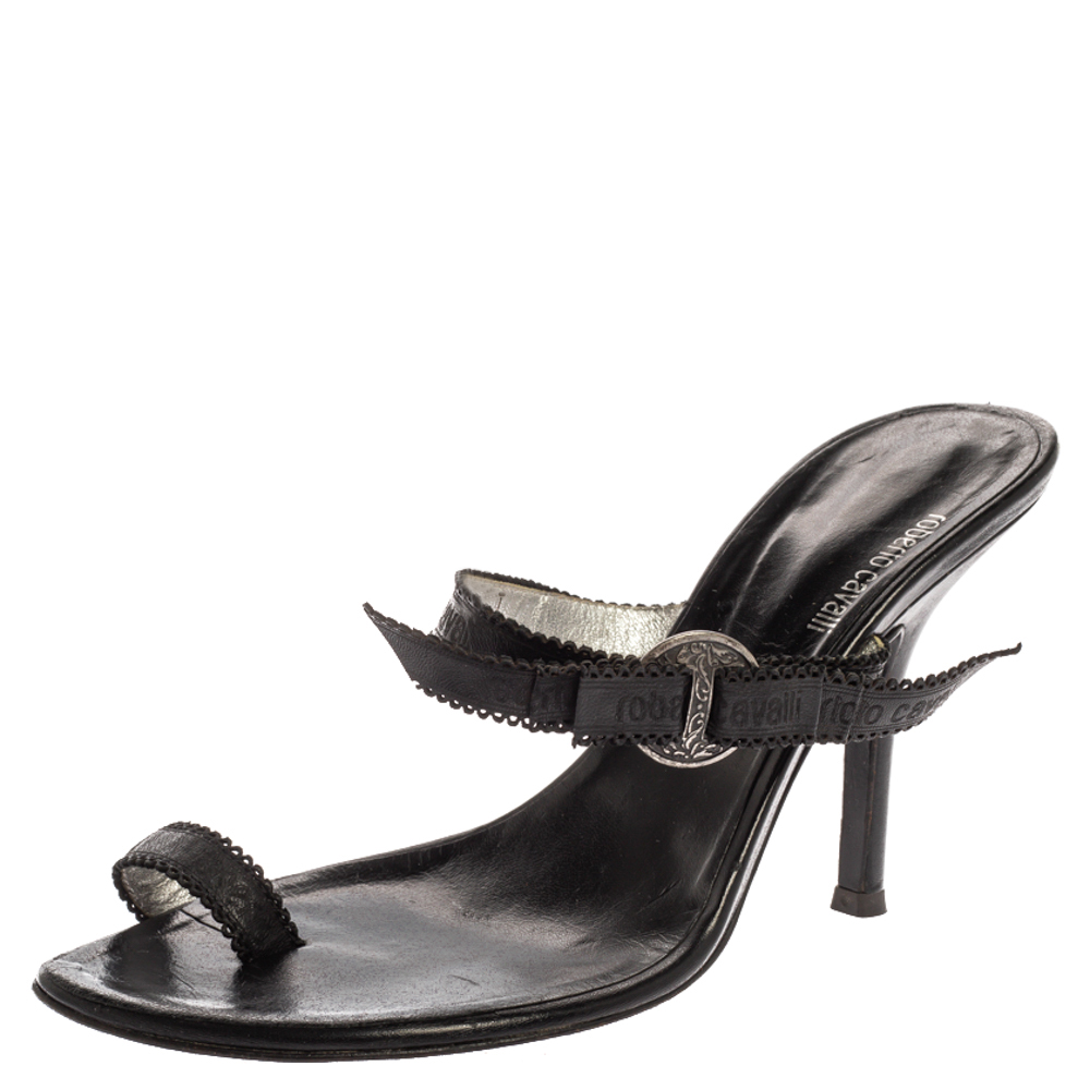 

Roberto Cavalli Black Leather Toe Ring Sandals Size