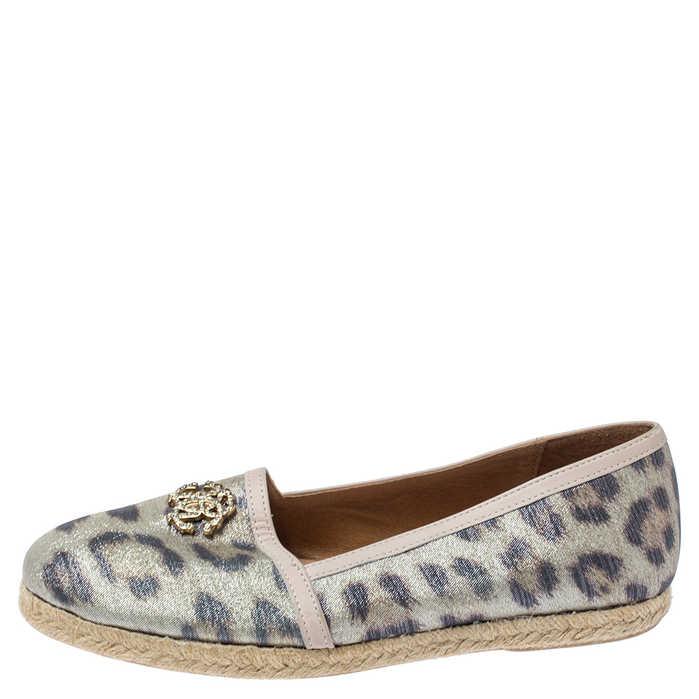 

Roberto Cavalli Metallic Beige Animal Print Nylon Espadrilles Size