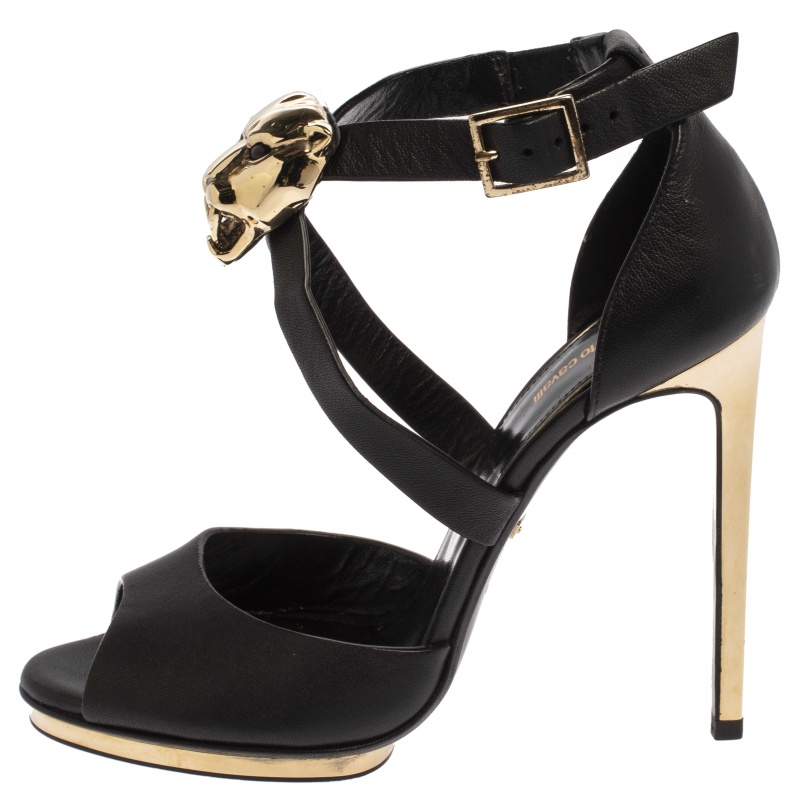 

Roberto Cavalli Black Leather Lion Head Embellished Ankle Strap Sandals Size