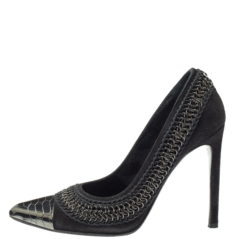 

Roberto Cavalli Black Suede Chain Detail Metal Cap Toe Pumps Size