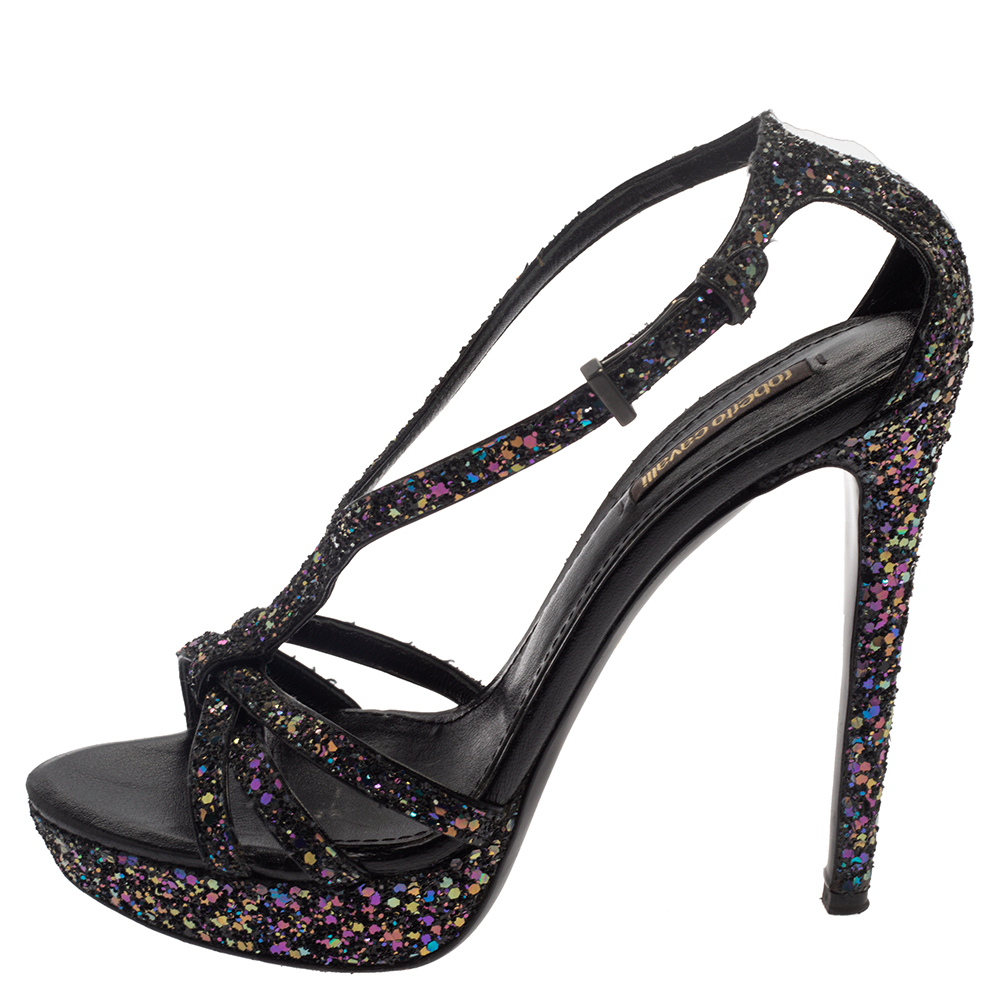 

Roberto Cavalli Multicolor Glitter T-Strap Platform Sandals Size