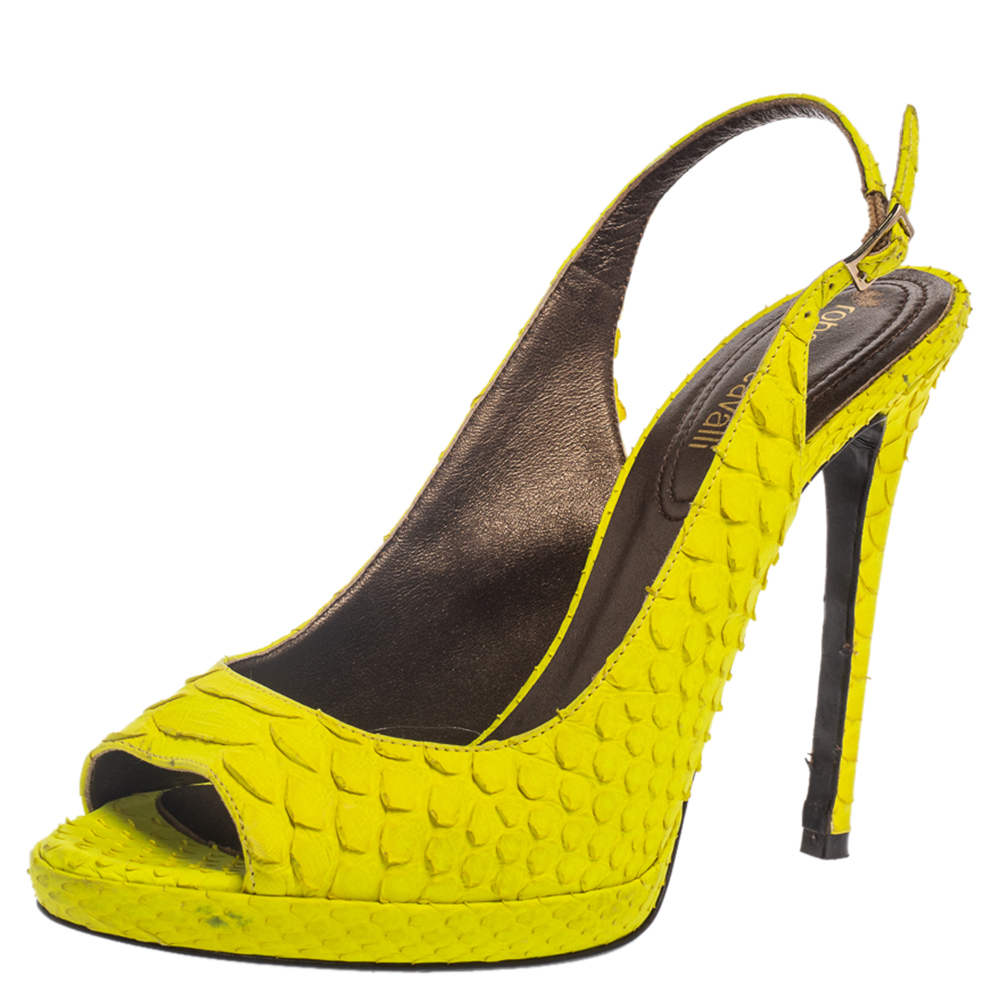 

Roberto Cavalli Neon Green Python Peep Toe Slingback Sandals Size