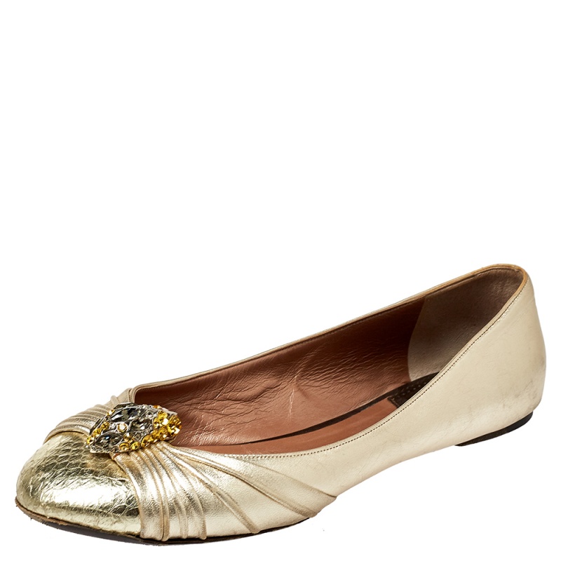 Pre-owned Roberto Cavalli Metallic Gold Leather Snake Head Crystal Embellished Ballet Flats Size 39.5