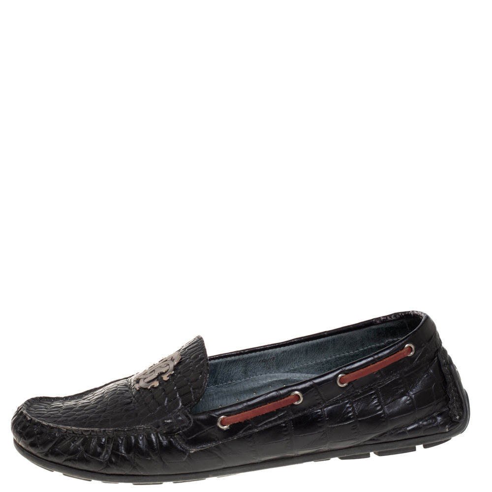 

Roberto Cavalli Black Croc Embossed Leather Slip on Loafers Size