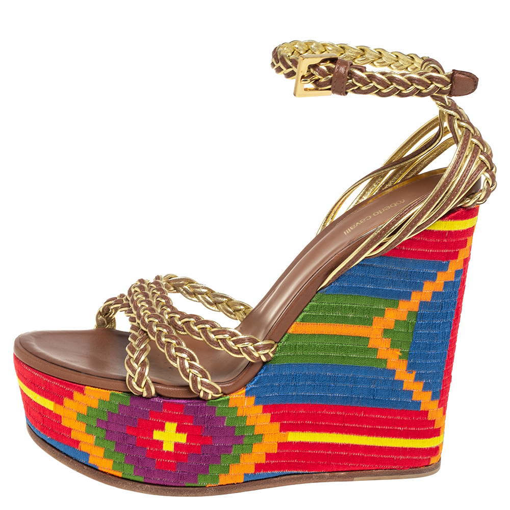 

Roberto Cavalli Mutlicolor Braided Leather Wedge Platform Ankle Strap Sandals Size, Multicolor