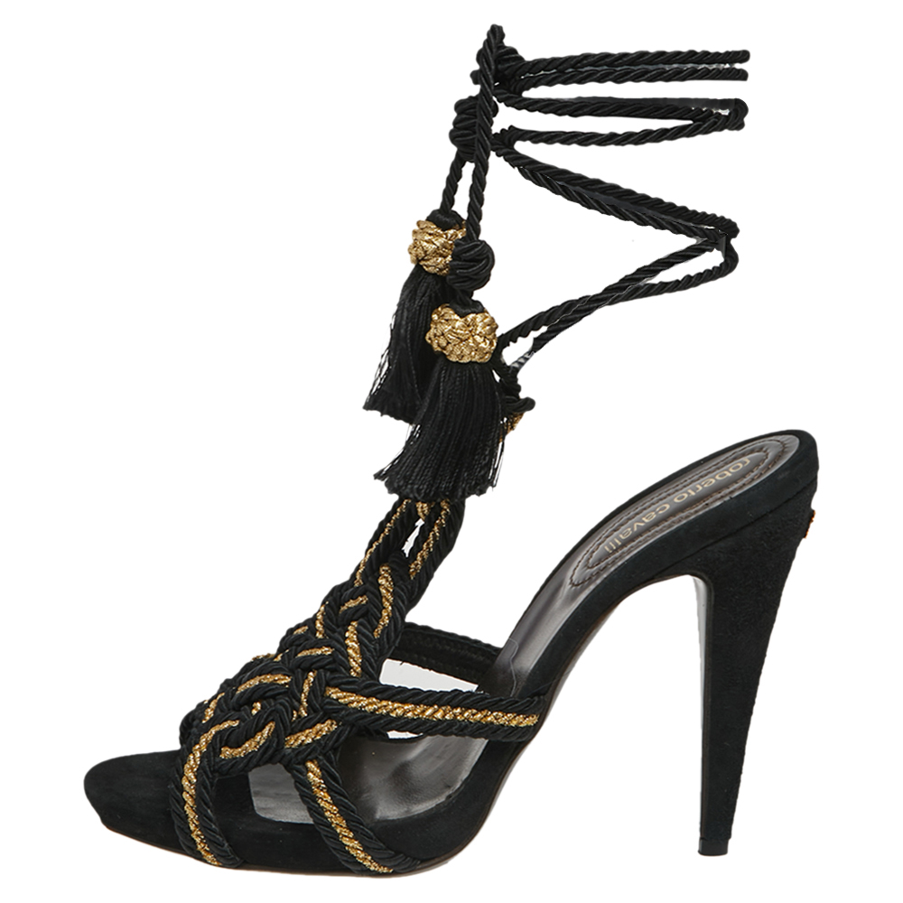 

Roberto Cavalli Black/Gold Knit Fabric Tassels Sandals Size