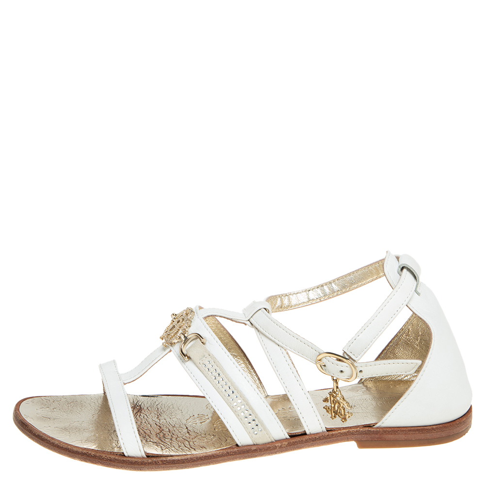 

Roberto Cavalli White Leather Open Toe Embellished Flats Size