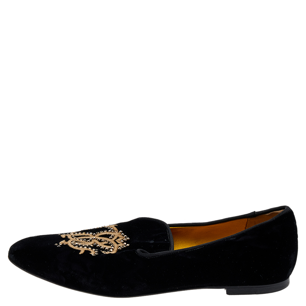 

Roberto Cavalli Black Velvet Embellished Slip on Loafers Size