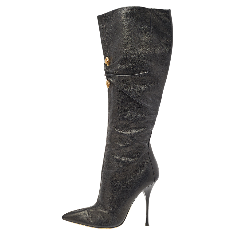 

Roberto Cavalli Black Leather Pointed Toe Knee Length Boots Size