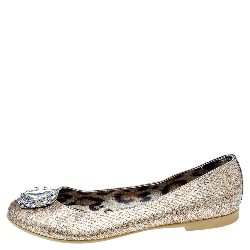 

Roberto Cavalli Metallic Gold Python Embossed Leather Logo Embellished Ballet Flats Size