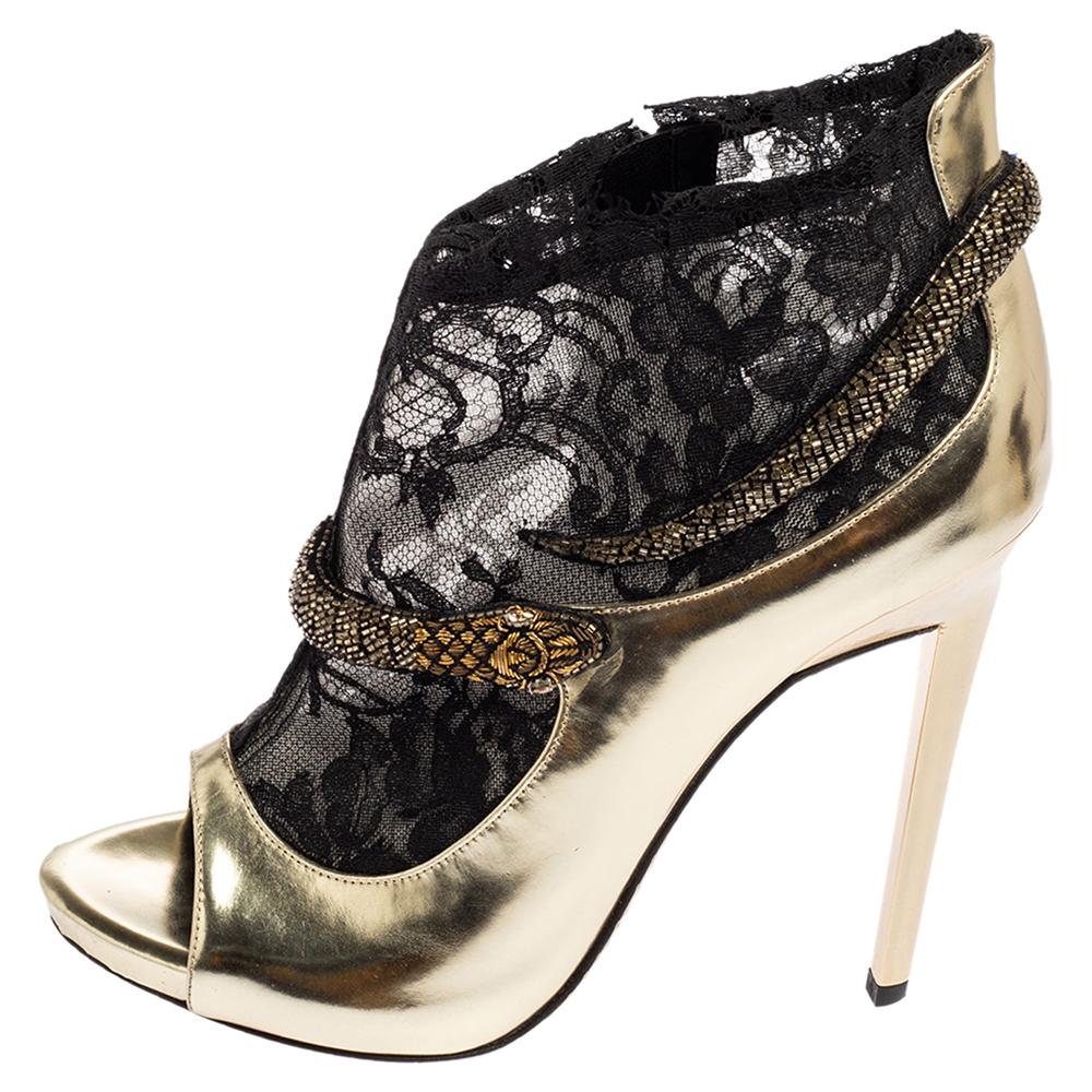 

Roberto Cavalli Gold Metallic Leather and Lace Crystal Embellished Snake Open Toe Booties Size