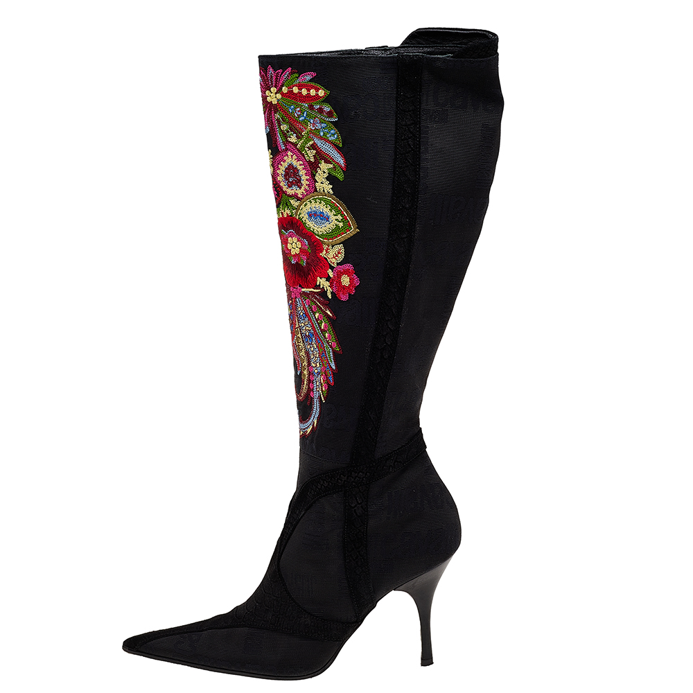 

Roberto Cavalli Black Embroidered Fabric And Python Embossed Suede Knee Length Boots Size