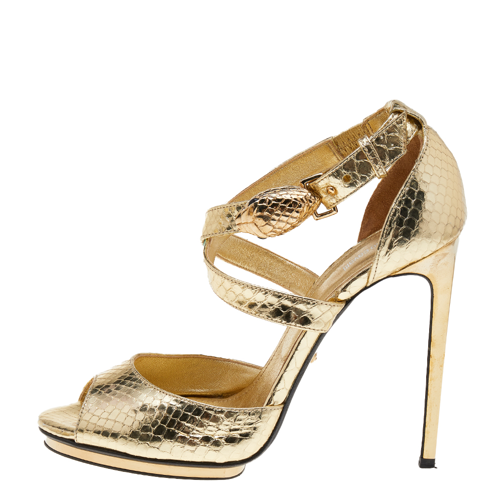 

Roberto Cavalli Gold Python-Embossed Leather Panther Sandals Size
