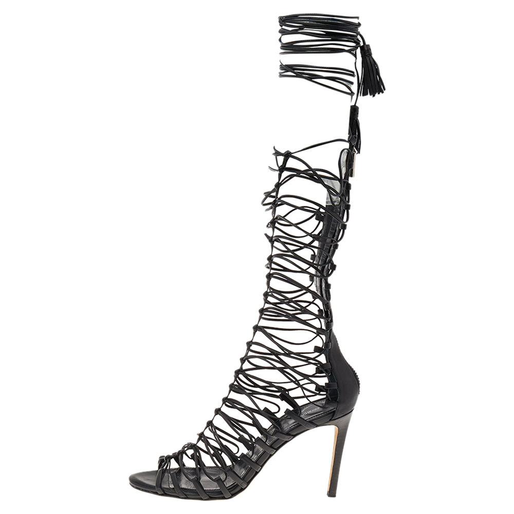 

Roberto Cavalli Black Leather Gladiator Ankle Wrap Sandals Size