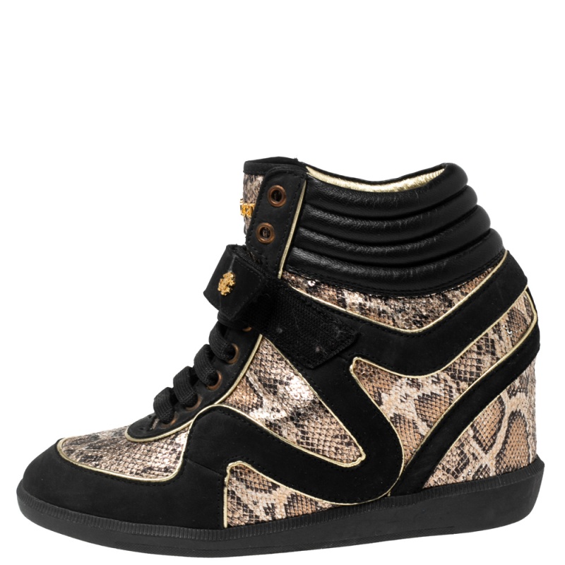 

Roberto Cavalli Beige/Black Python Embossed Leather And Suede Wedge Sneakers Size