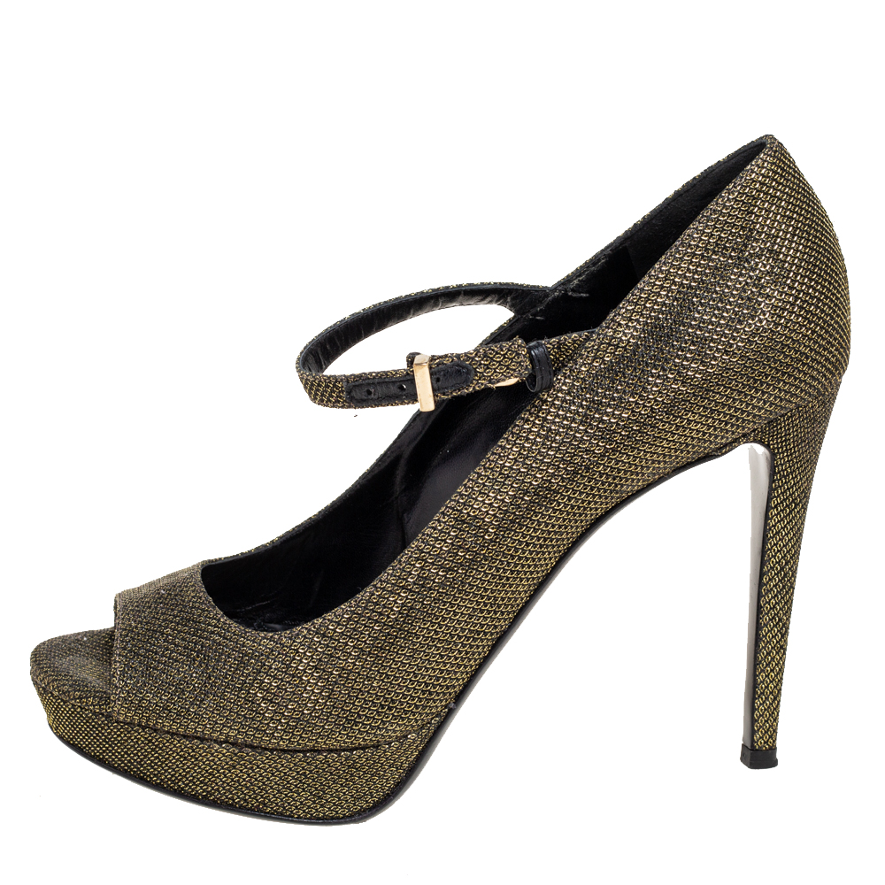 

Roberto Cavalli Olive Green Lurex Fabric Peep-Toe Platform Pumps Size