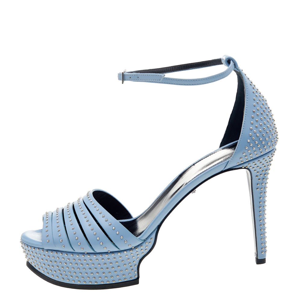 

Roberto Cavalli Light Blue Leather Studded Ankle Strap Platform Sandals Size
