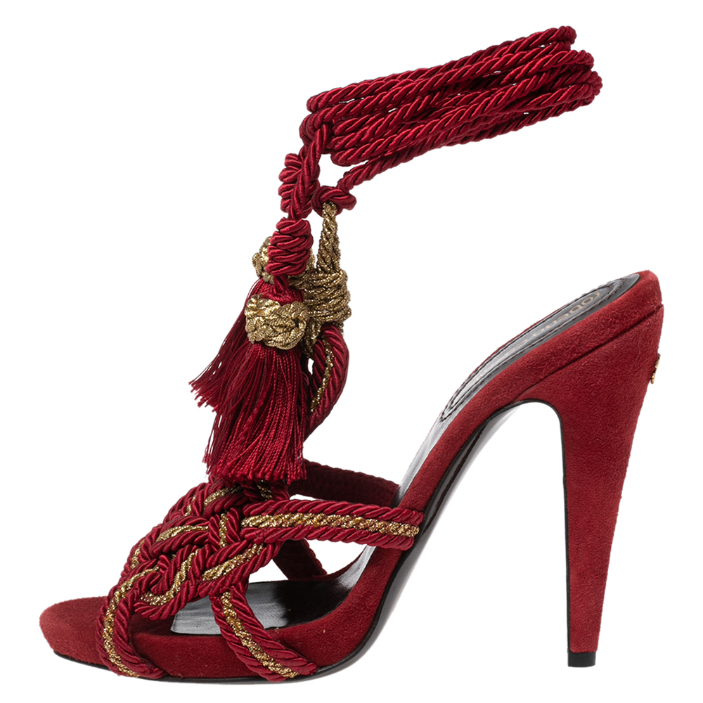 

Roberto Cavalli Red Woven Fabric And Suede Ankle Wrap Sandals Size