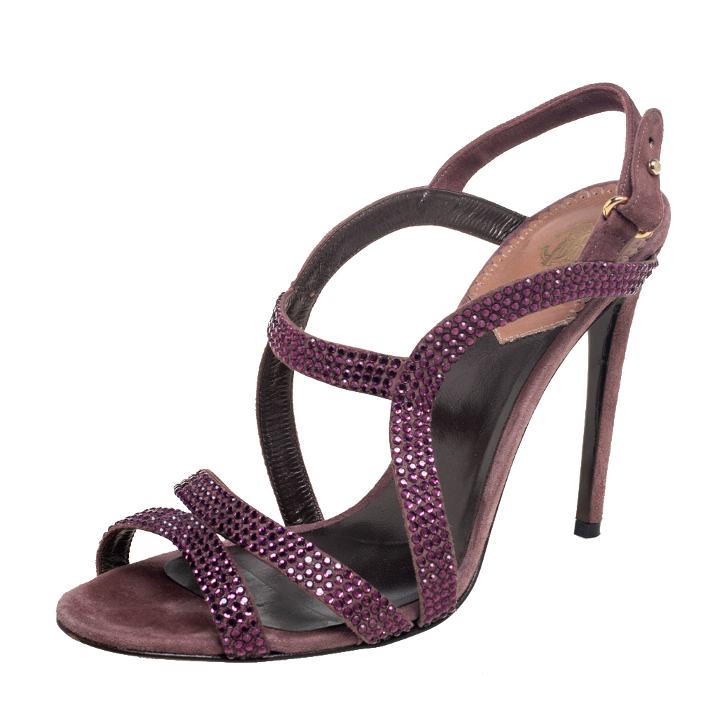 Pre-owned Roberto Cavalli Purple Suede Crystal Embellished Strappy Sandals Size 40
