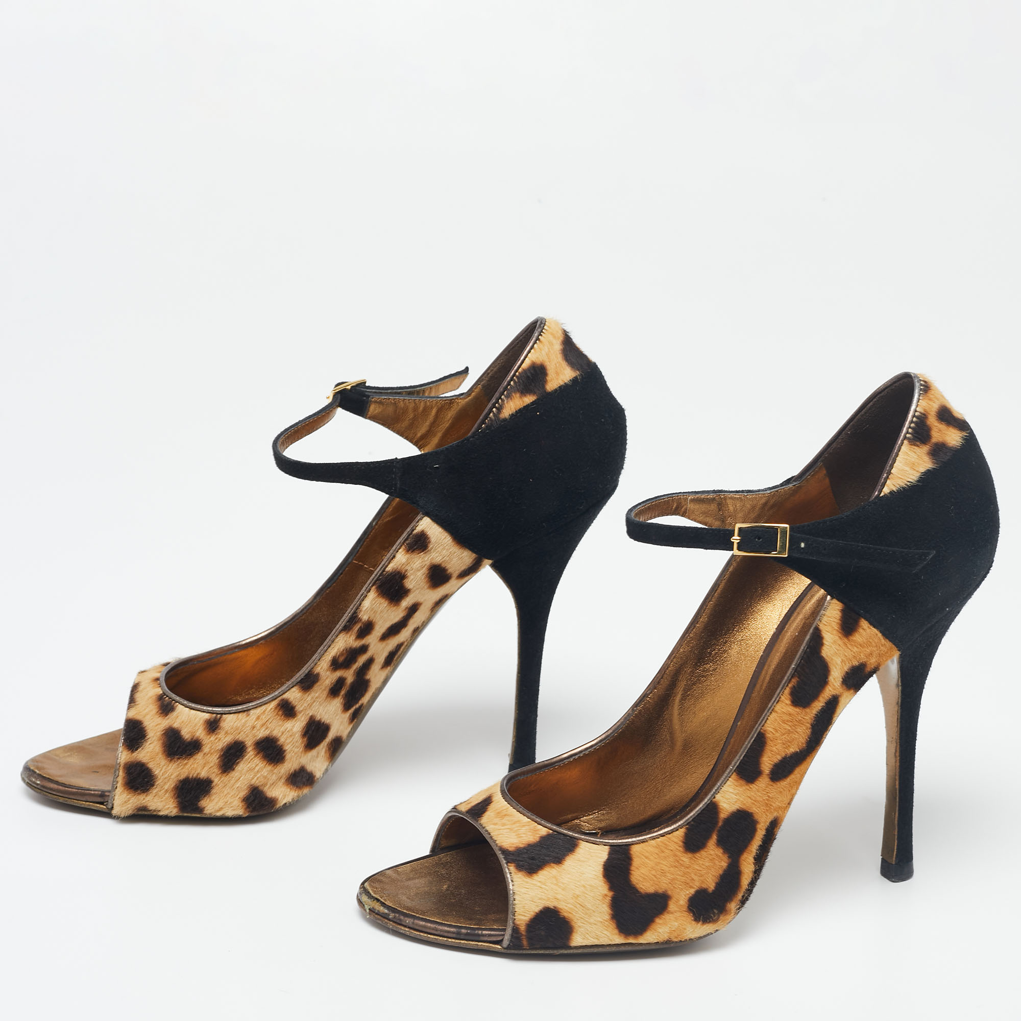 

Roberto Cavalli Black/Beige Suede And Calf Hair Leopard Print Mary Jane Open Toe Pumps Size