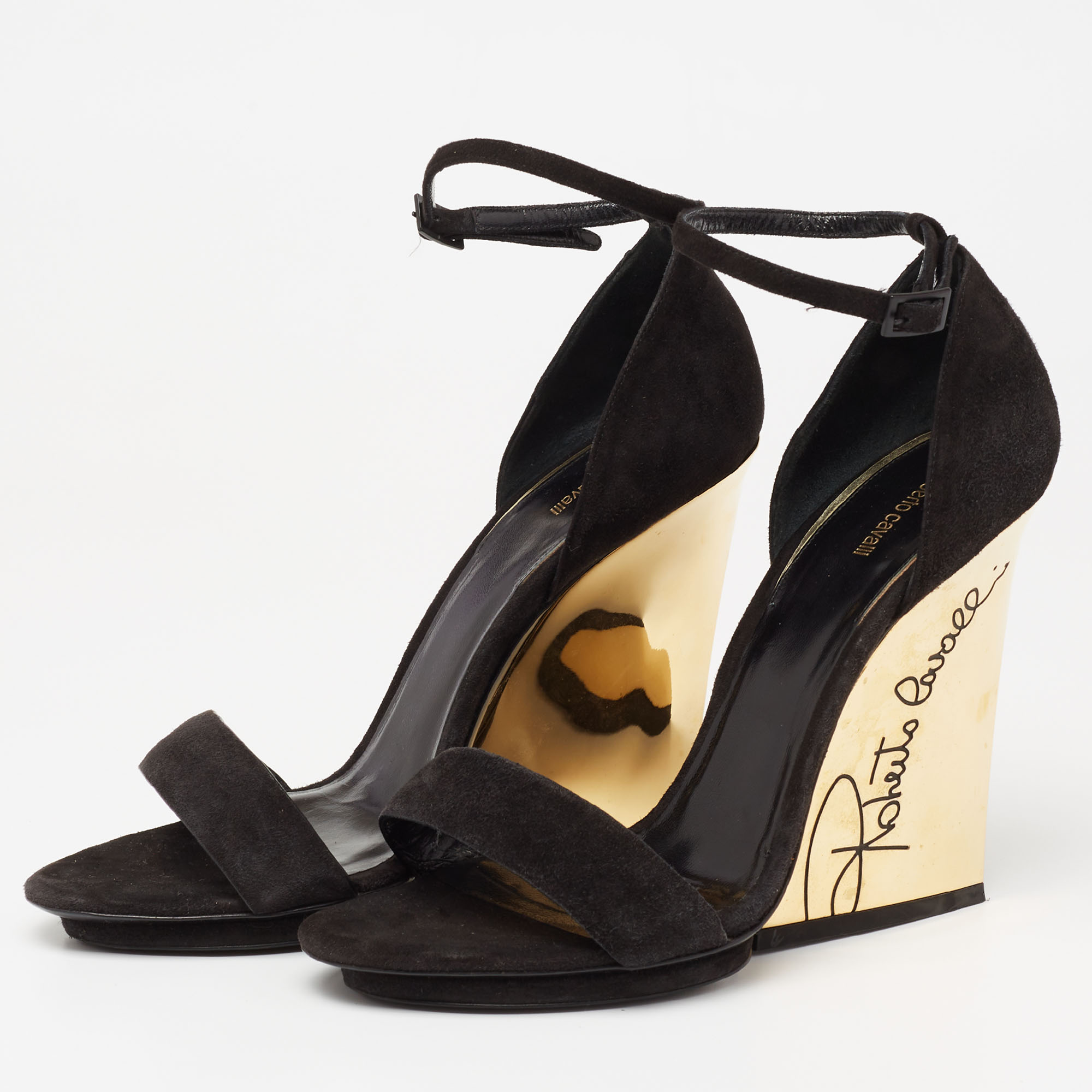 

Roberto Cavalli Black Suede Wedge Ankle Strap Sandals Size