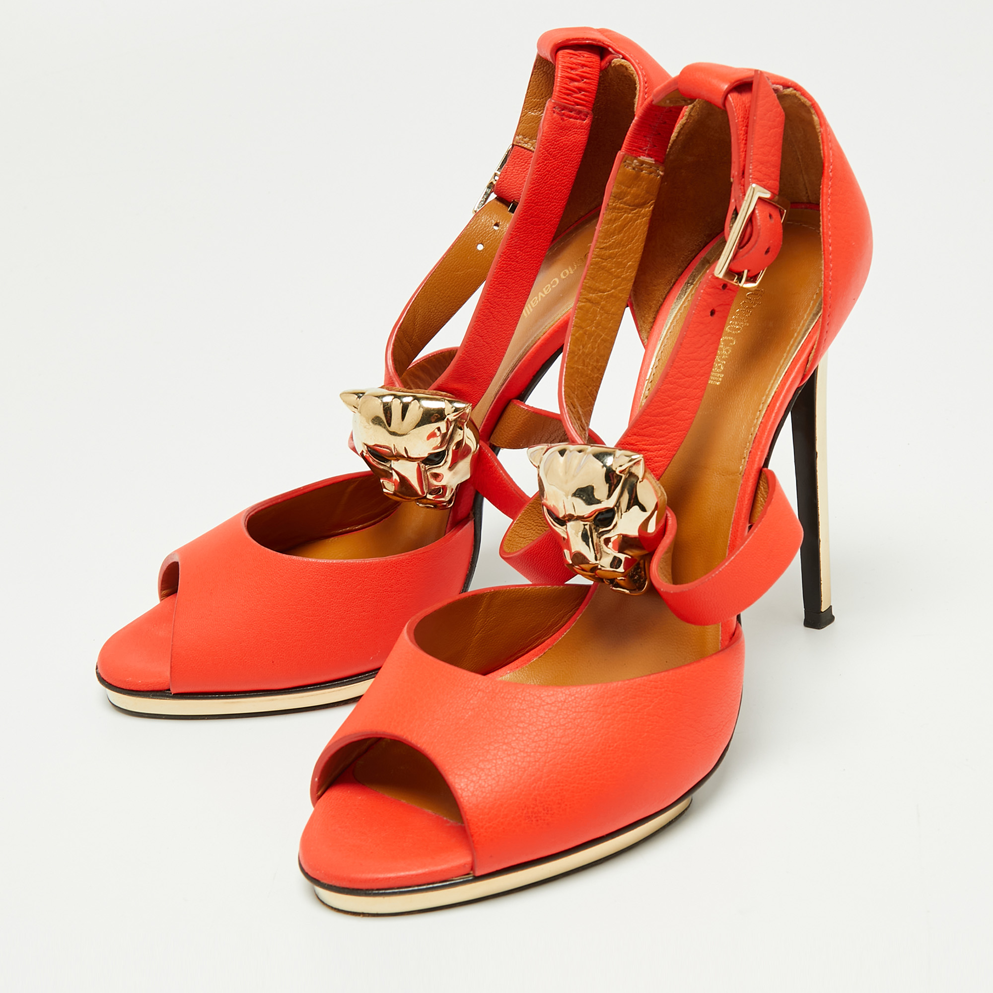 

Roberto Cavalli Red Leather Embellished Ankle Strap Sandals Size