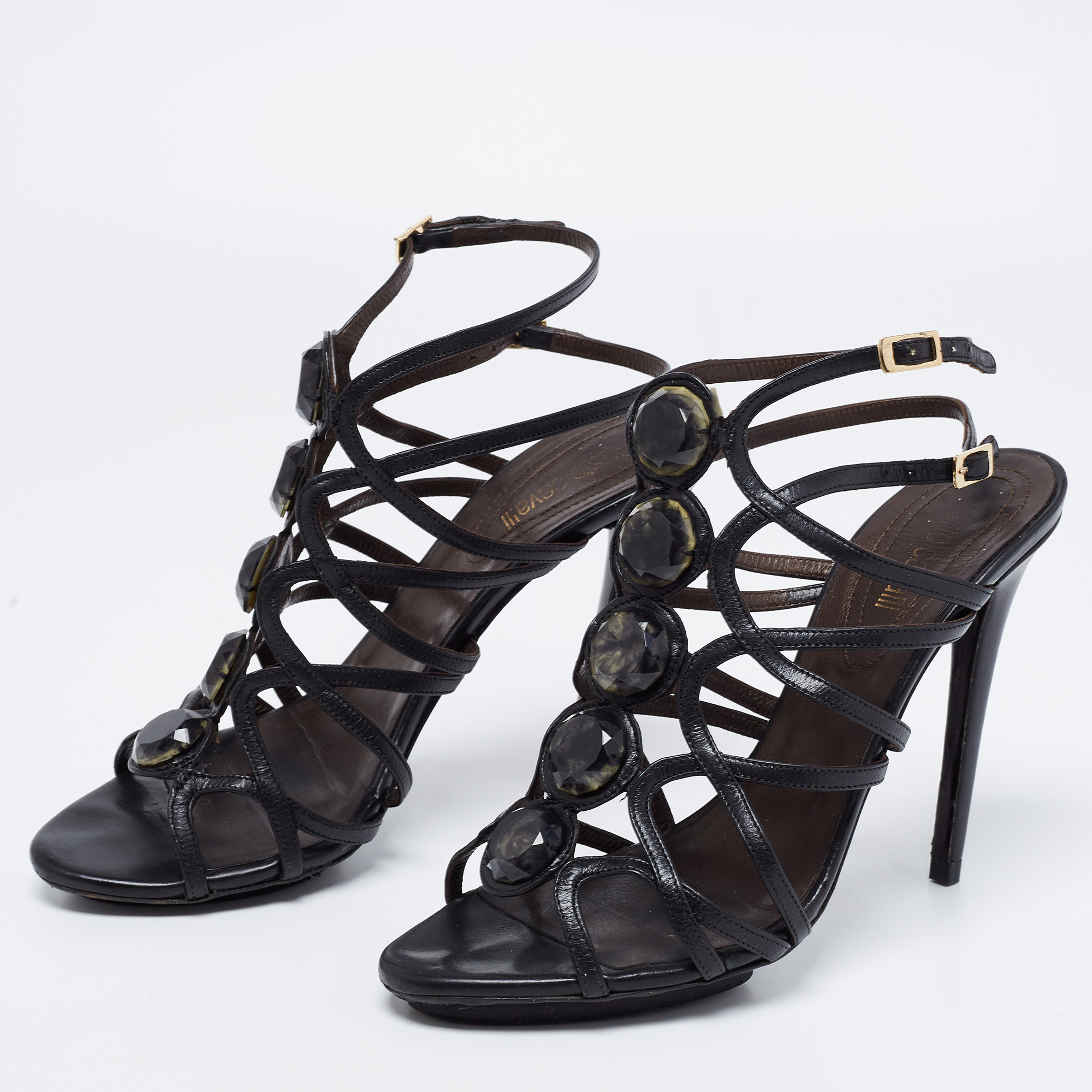 

Roberto Cavalli Black Cut-Out Leather Embellished Ankle Strap Sandals Size