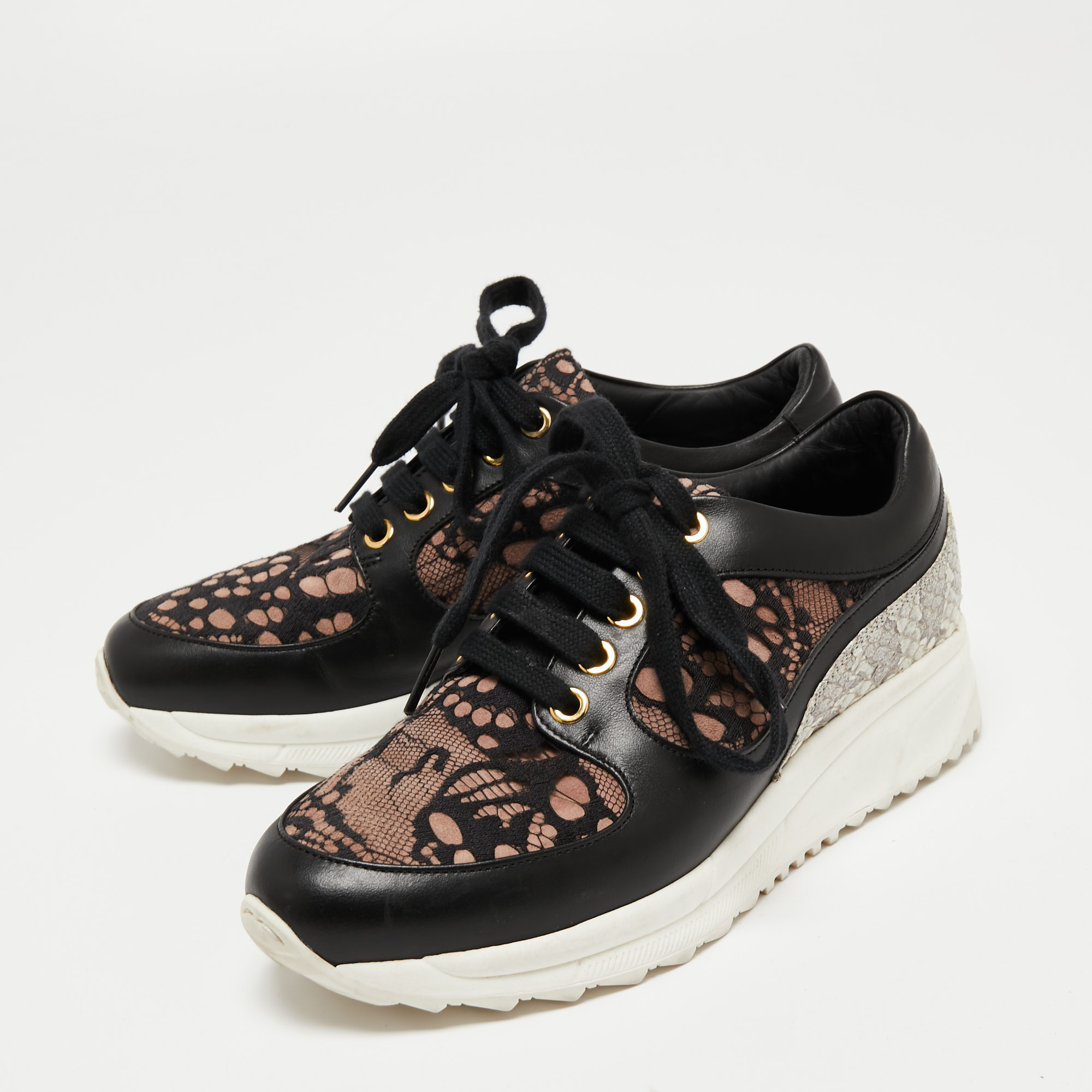 

Roberto Cavalli Multicolor Lace, Snakeskin Embossed and Leather Low-Top Sneakers Size