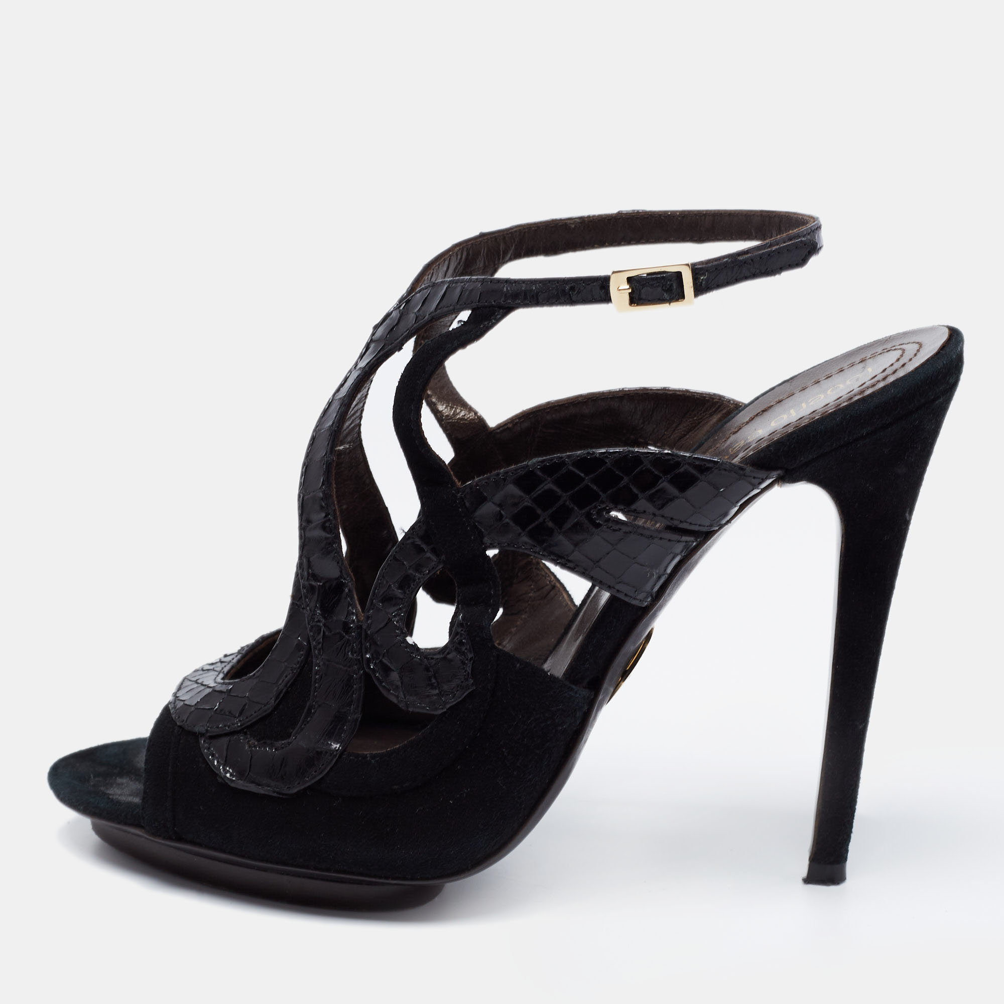 

Roberto Cavalli Black Snakeskin Embossed Leather and Suede Ankle Strap Sandals Size