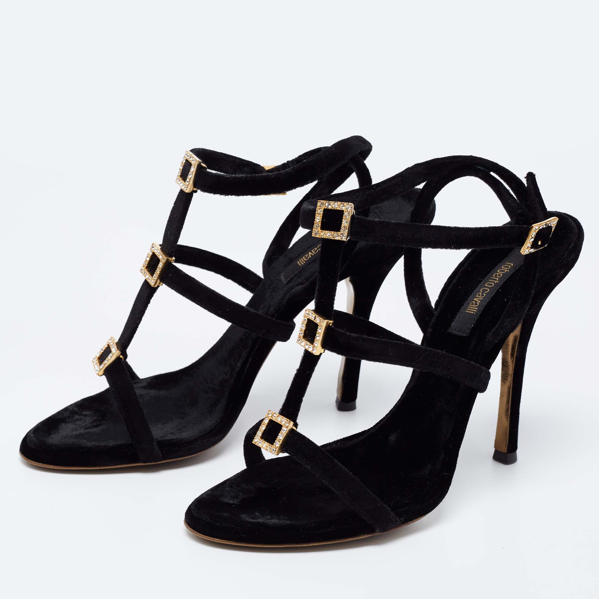 

Roberto Cavalli Black Velvet Crystal Embellished Strappy Ankle Strap Sandals Size