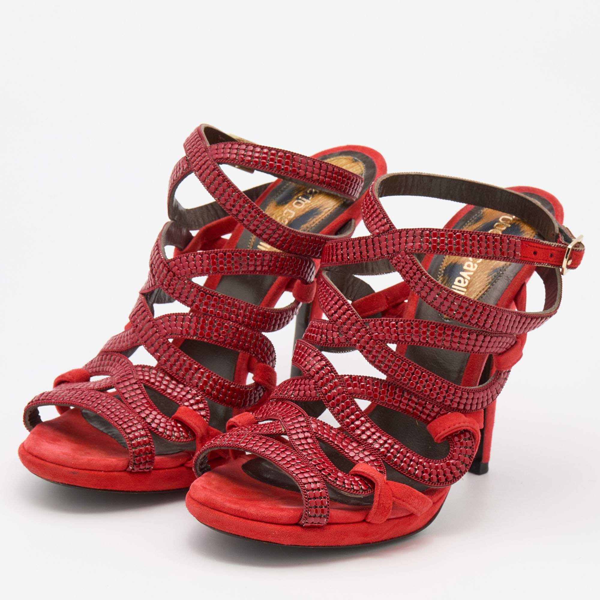 

Roberto Cavalli Red Suede Crystal Embellished Sandals Size