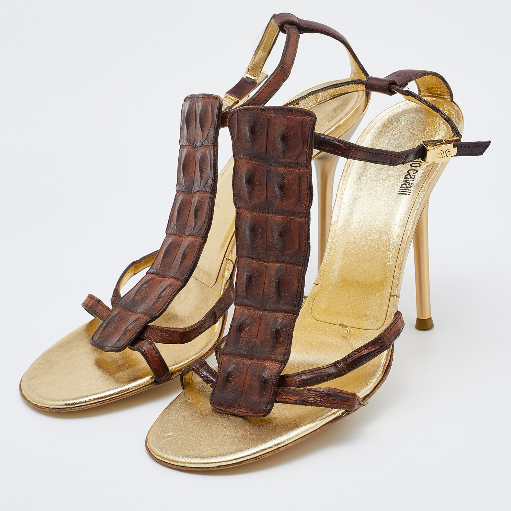 

Roberto Cavalli Brown Crocodile Leather Ankle Strap Sandals Size