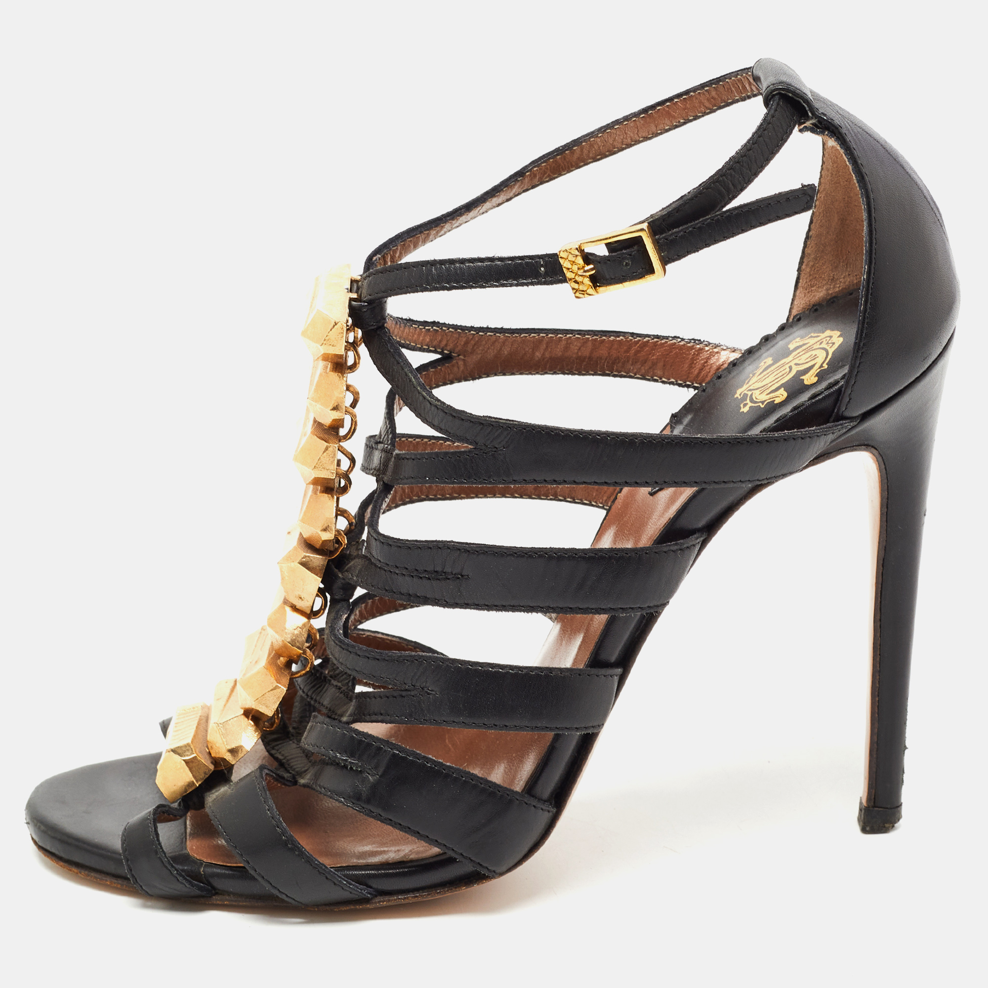 Pre-owned Roberto Cavalli Brown/gold Leather Crystal Embellished Ankle Strap Sandals Size 36 In Black